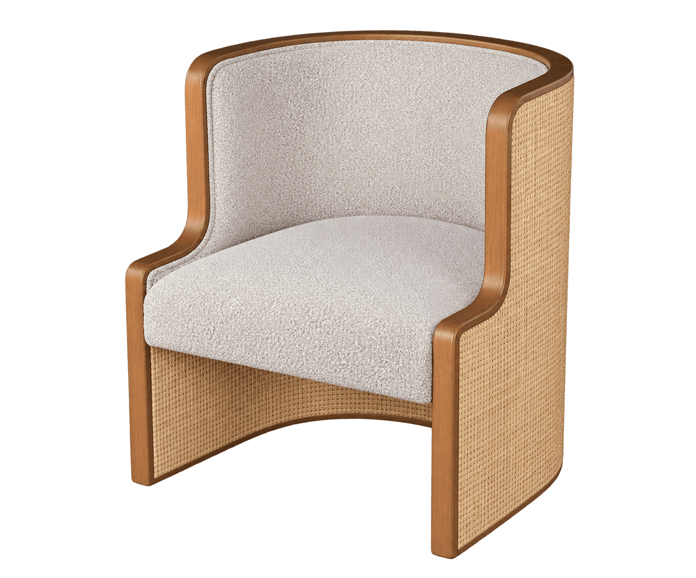 A contemporary barrel armchair featuring a continuous curved wooden frame with integrated armrests.… — 3D model