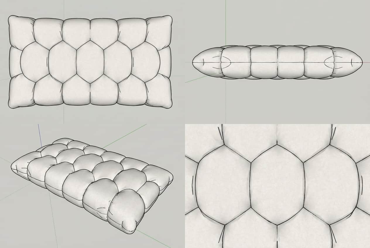 A rectangular pillow, presented in two views: top-down and side profile. The top surface features a… — 3D model