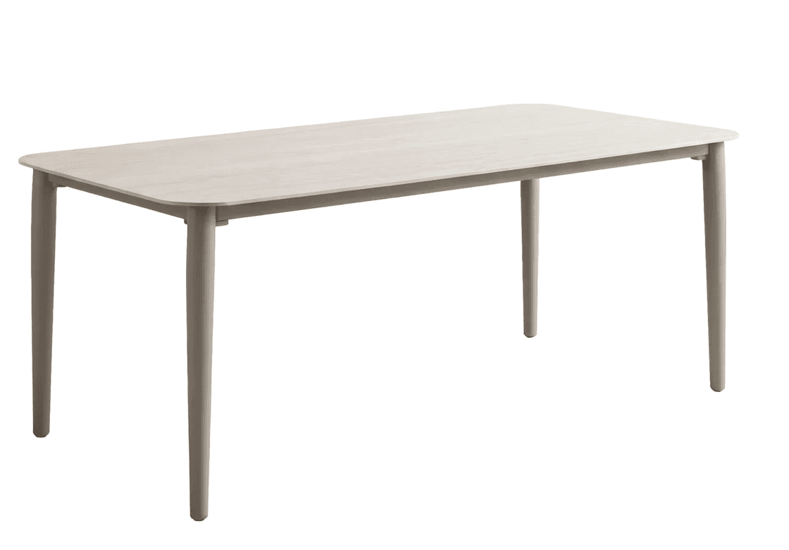 A modern rectangular dining table featuring a light wood grain tabletop with gently rounded corners… — 3D model