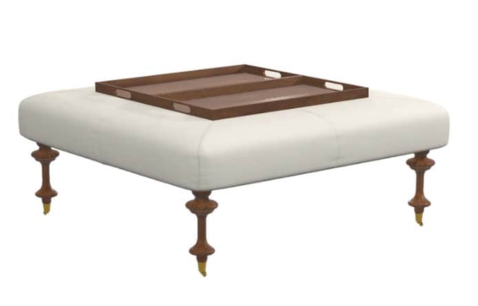 A square, low-profile ottoman featuring off-white upholstered tufting on its top surface. It is supp… — 3D model