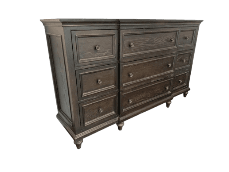 A long, dark-stained wooden dresser featuring a classic transitional design. It has a total of nine… — 3D model