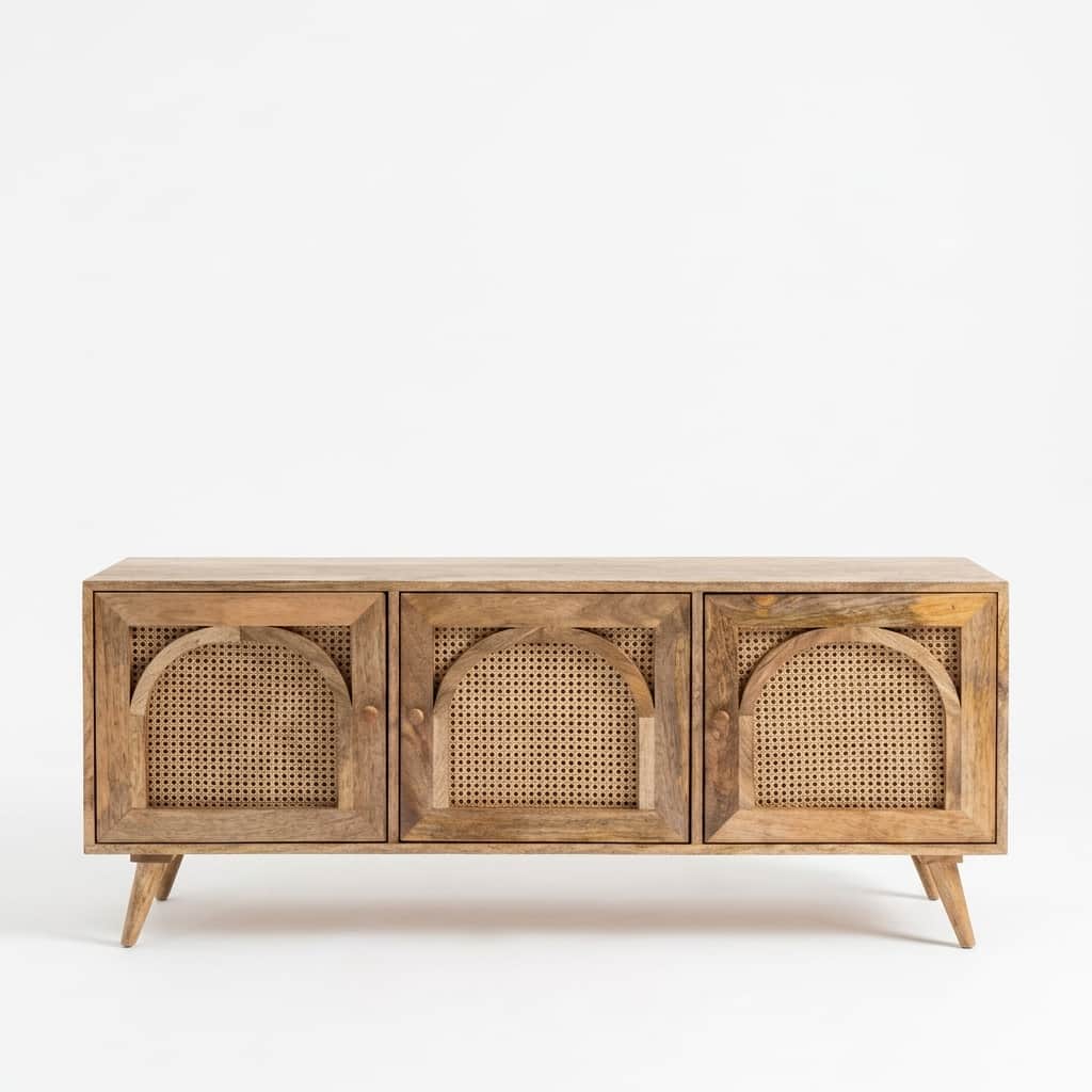 A low, rectangular cabinet with three doors, crafted from light-toned wood. Each door features a woo… — 3D model