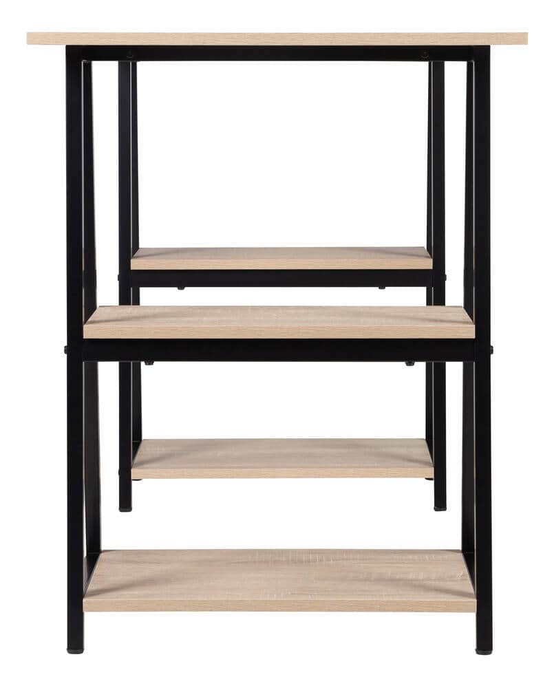 A multi-tiered shelving unit featuring four rectangular shelves with a light wood-effect finish, sup… — 3D model