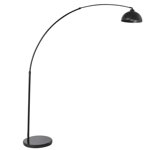 A black arc floor lamp with a dome-shaped shade. The lamp has a weighted circular base and a long, c… — 3D model