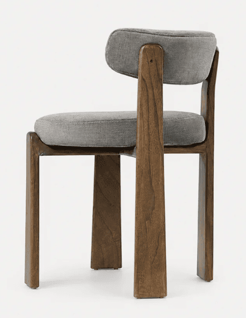 An armless chair featuring a robust dark brown solid wood frame and light gray fabric upholstery on… — free GLTF 3D model