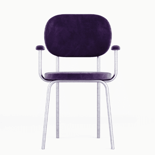 A modern armchair with a velvet upholstery in a deep purple color. The chair features a rounded back… — 3D model