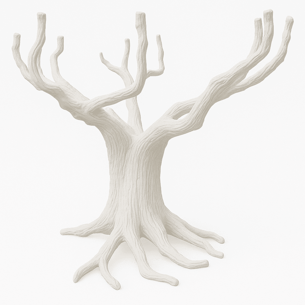 A white, sculpted object resembling a stylized tree. It features a thick trunk with prominent, text… — 3D model