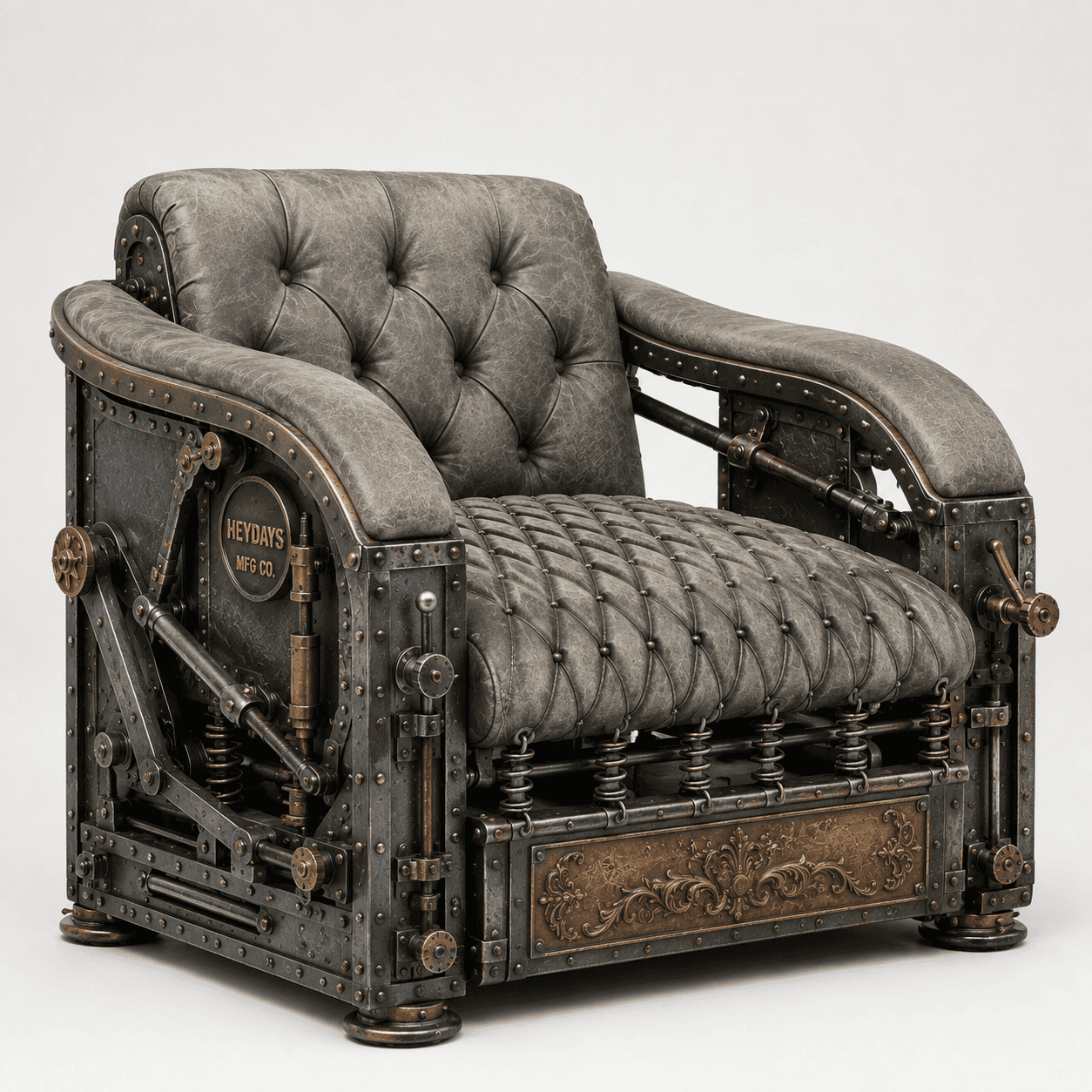 An armchair in a Steampunk industrial style, featuring a distressed metal frame with exposed mechani… — 3D model