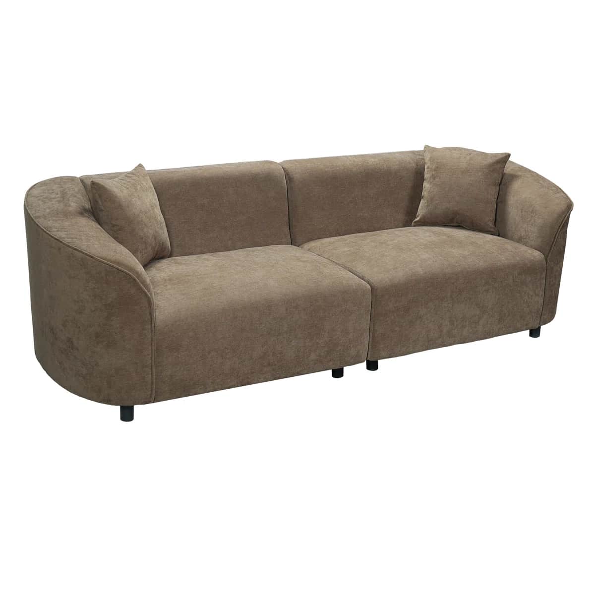 A modern three-seater sofa characterized by its distinctive rounded and inward-curving armrests and… — 3D model