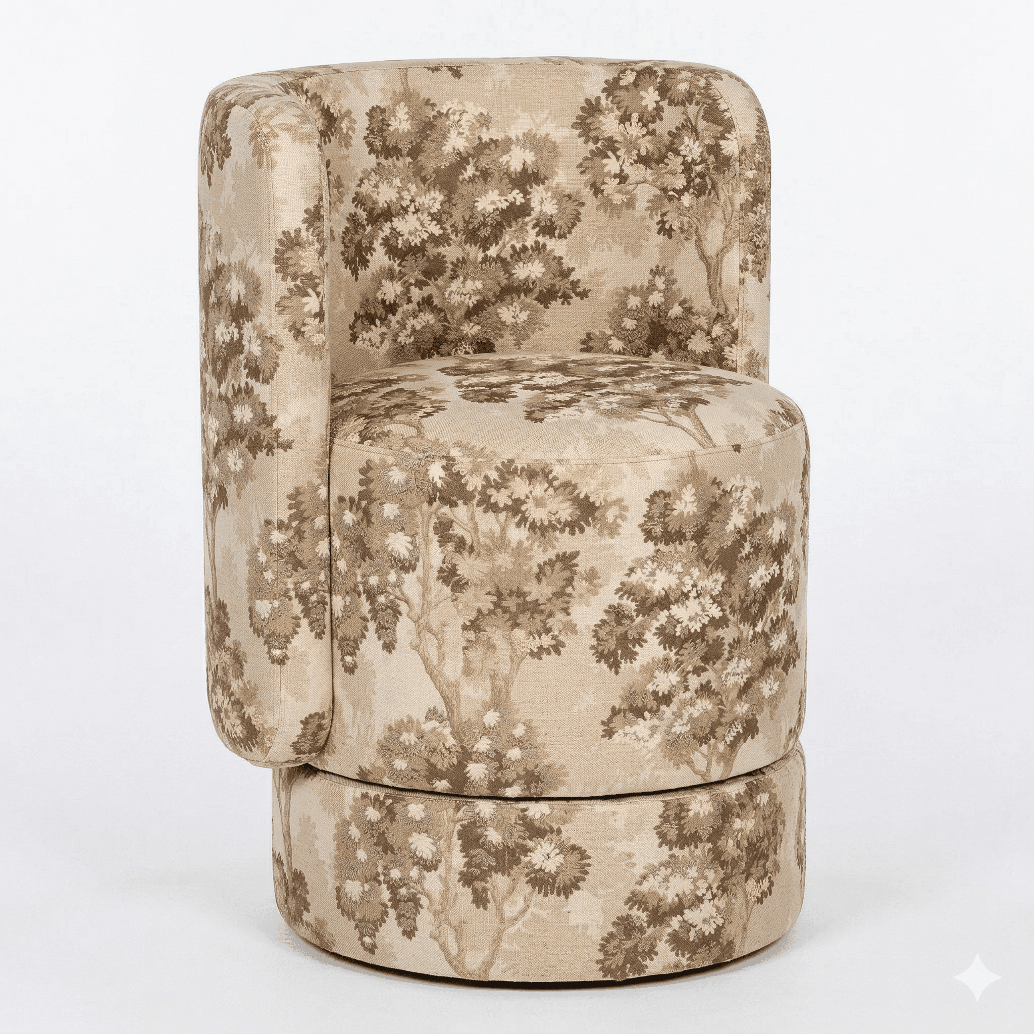 An upholstered barrel swivel accent chair featuring a continuous rounded back and arms, creating a c… — 3D model
