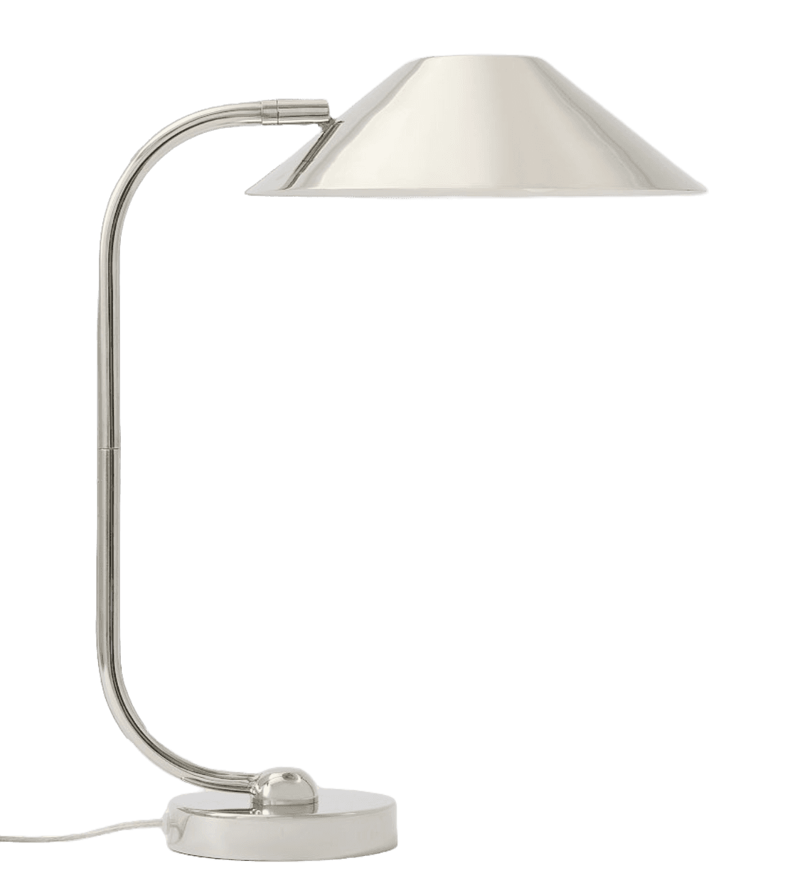 A modern table lamp featuring a polished silver-toned metal finish. It has a round, flat base from w… — 3D model