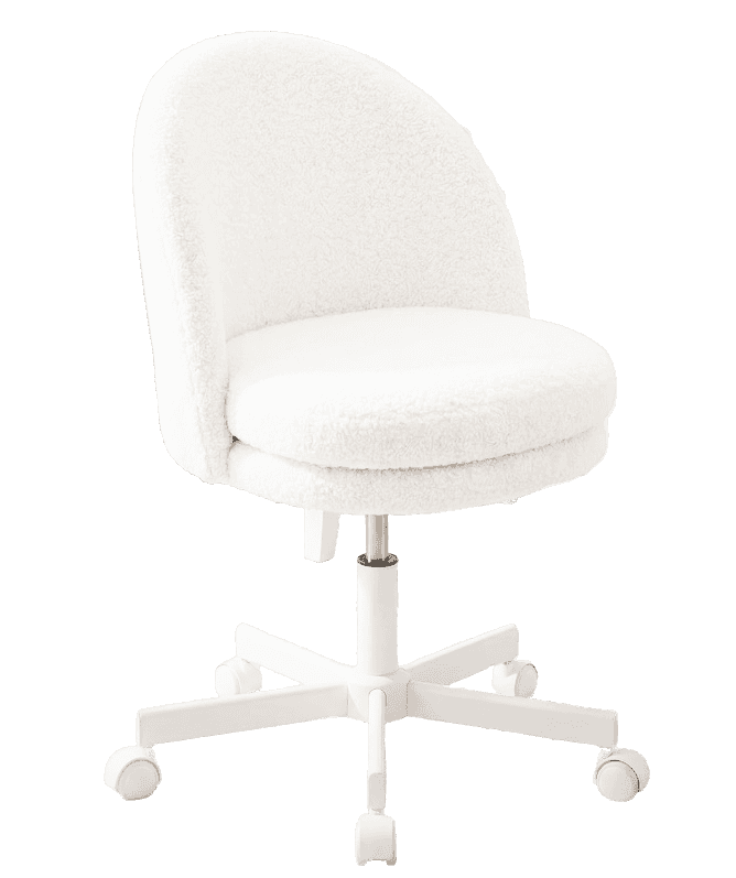 A white bouclé upholstered swivel desk chair featuring a rounded backrest and seat, set on a five-st… — 3D model