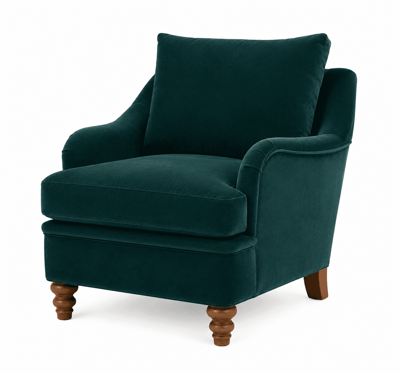 A deep emerald green armchair upholstered in velvet fabric. It features a high back with a loose cus… — 3D model
