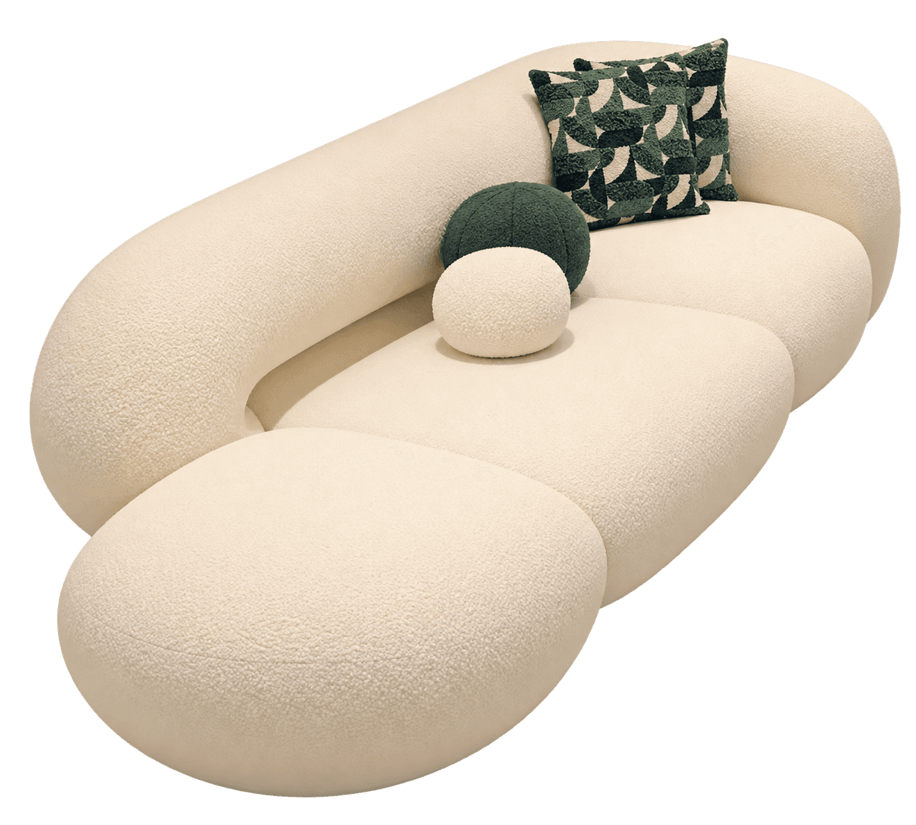 A contemporary, organically shaped modular sofa upholstered in a light-colored bouclé fabric, featur… — 3D model