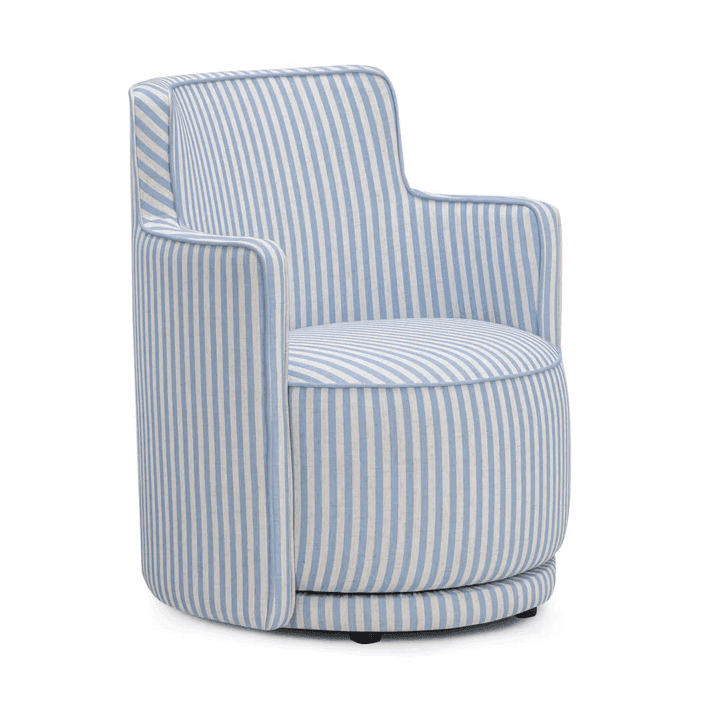 An upholstered barrel-back swivel accent chair featuring a distinctive blue and white vertical strip… — free OBJ 3D model