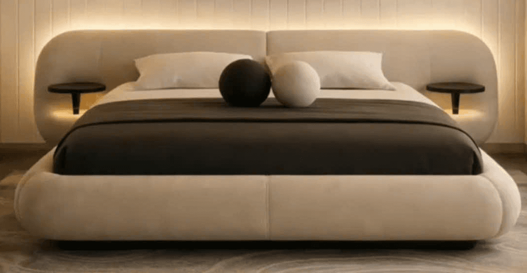 A modern upholstered platform bed with an integrated headboard featuring ambient lighting and two ci… — 3D model
