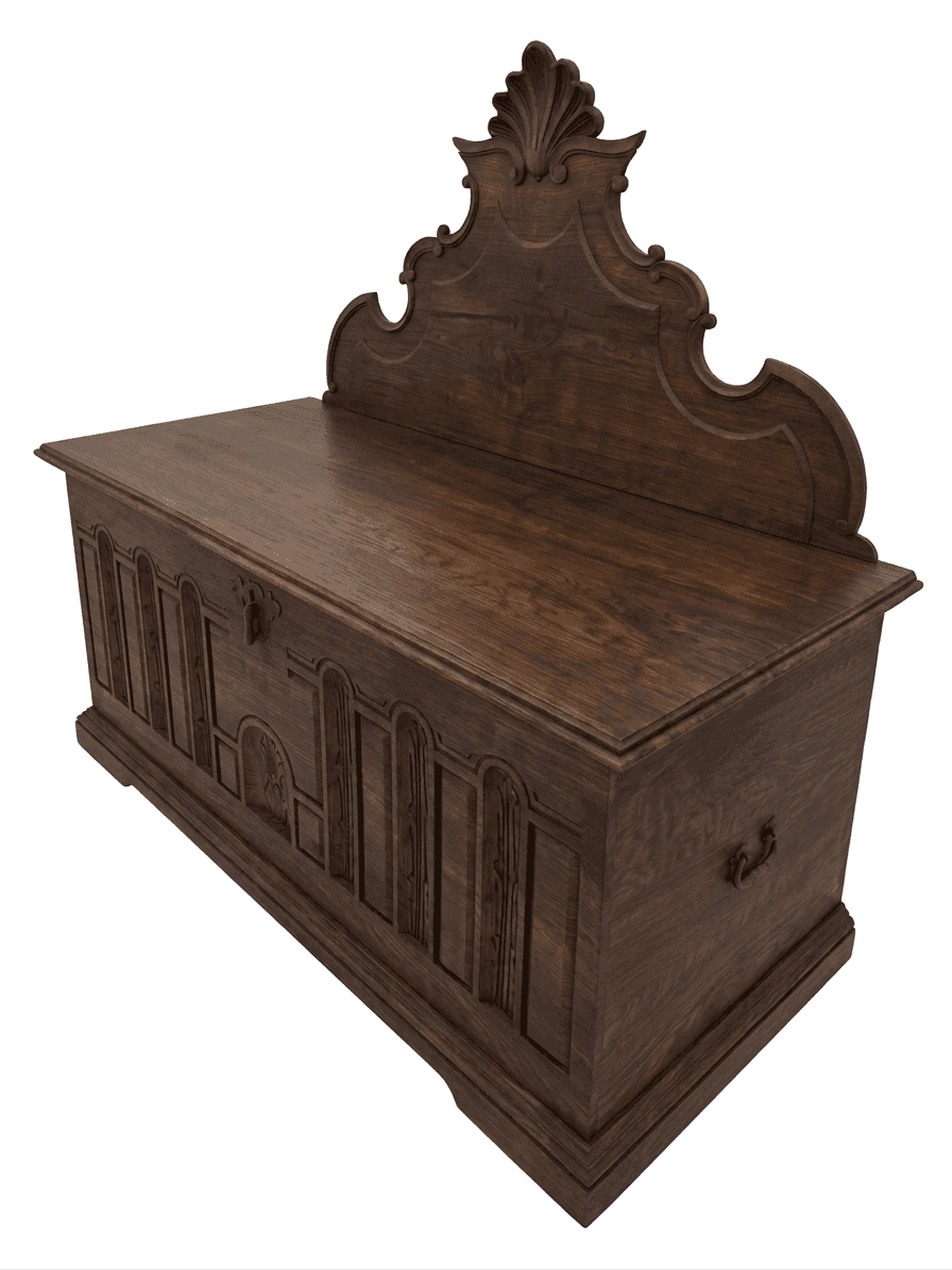A dark wooden chest with ornate carvings and a decorative backplate. The front panel features a seri… — free FBX 3D model