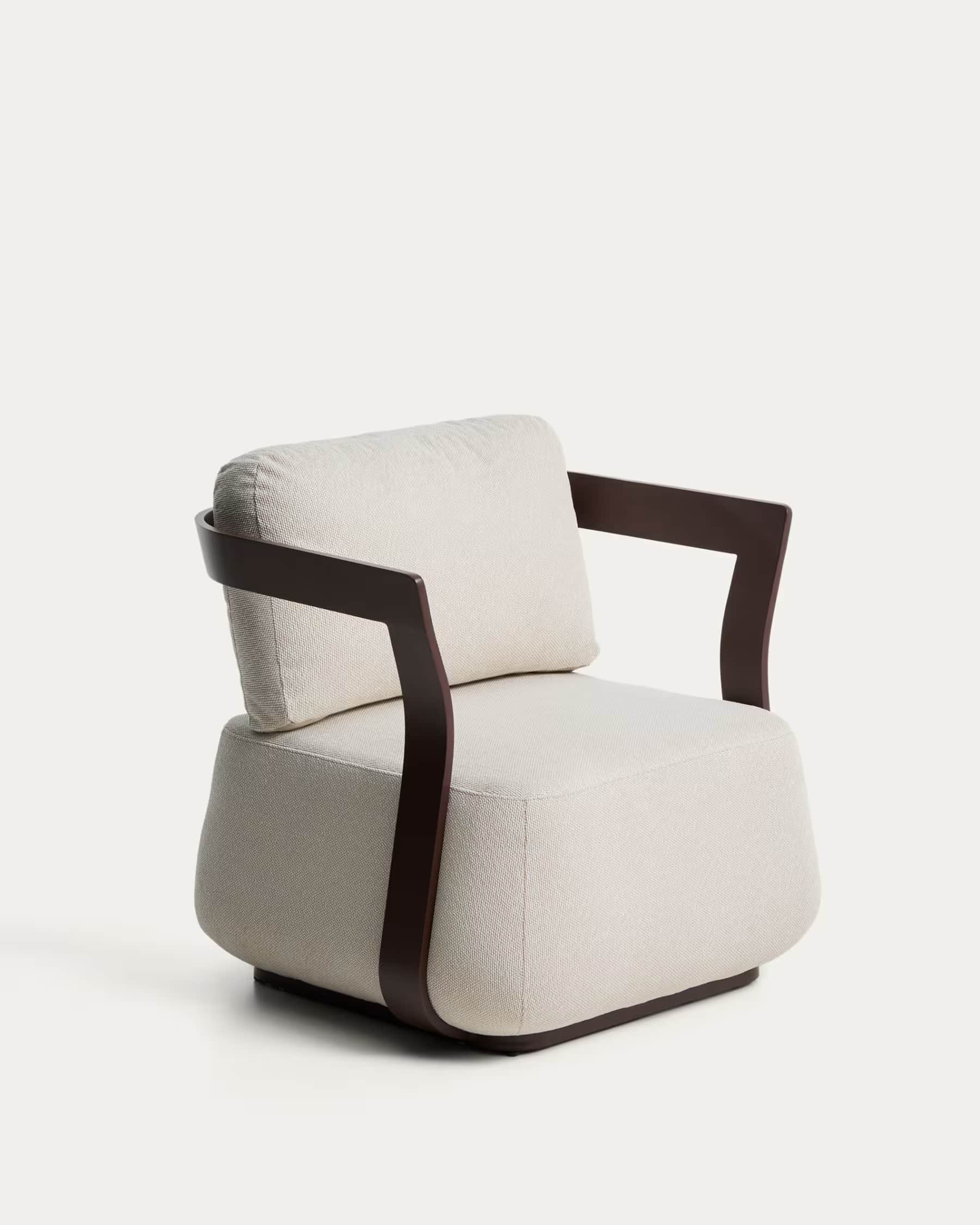A modern armchair featuring a rounded, upholstered base and seat cushion in a light textured fabric.… — free OBJ 3D model