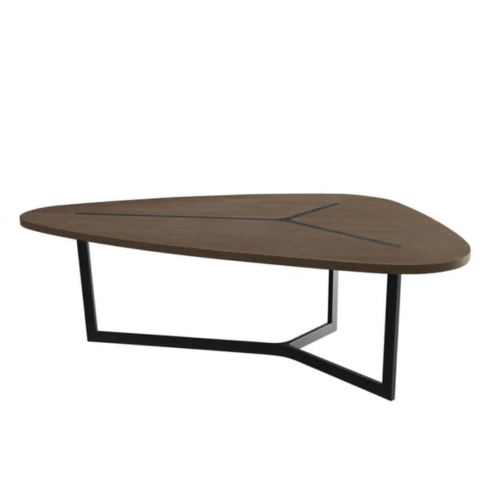A contemporary coffee table with a unique, asymmetrical triangular top. The tabletop has a wood grai… — free BLEND 3D model