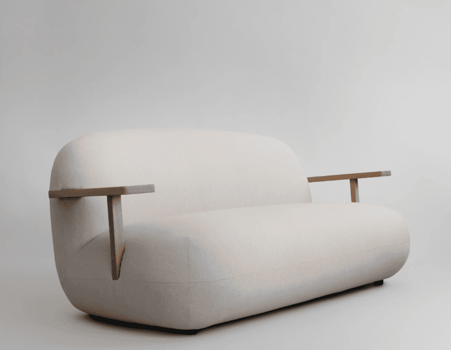 A contemporary two-seater sofa featuring a clean, rounded silhouette, upholstered in a light beige f… — 3D model