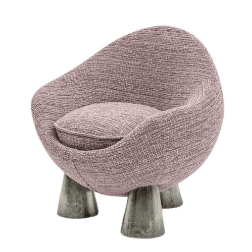 A contemporary egg-shaped lounge chair upholstered in a textured, light purple-grey fabric, featurin… — 3D model
