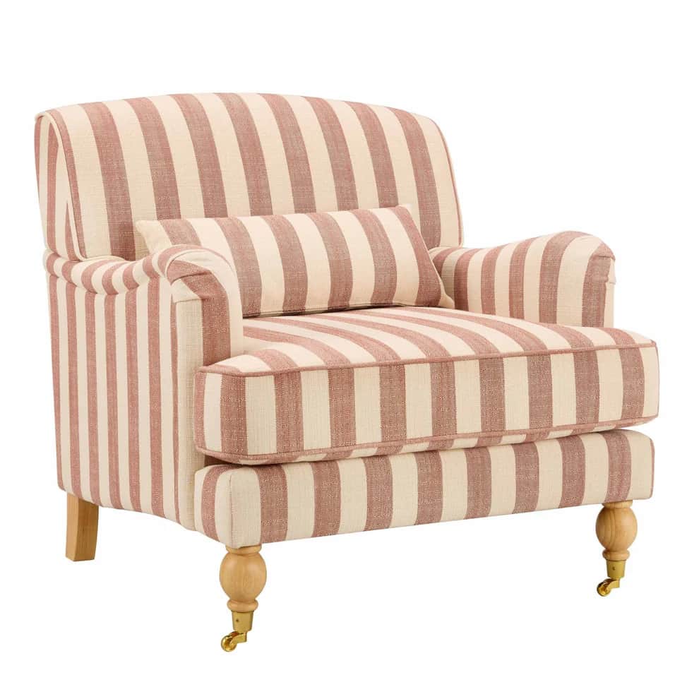 A striped armchair with a loose cushion and ornate wooden legs with casters. The armchair features a… — free GLTF 3D model