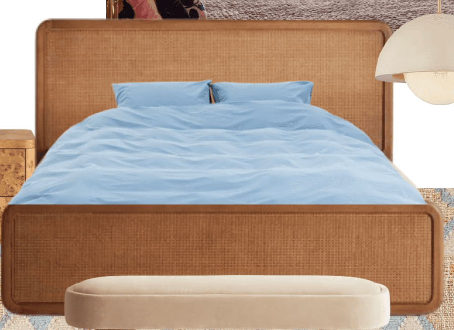 A contemporary platform bed frame constructed from natural wood with woven cane panels on both the h… — free BLEND 3D model