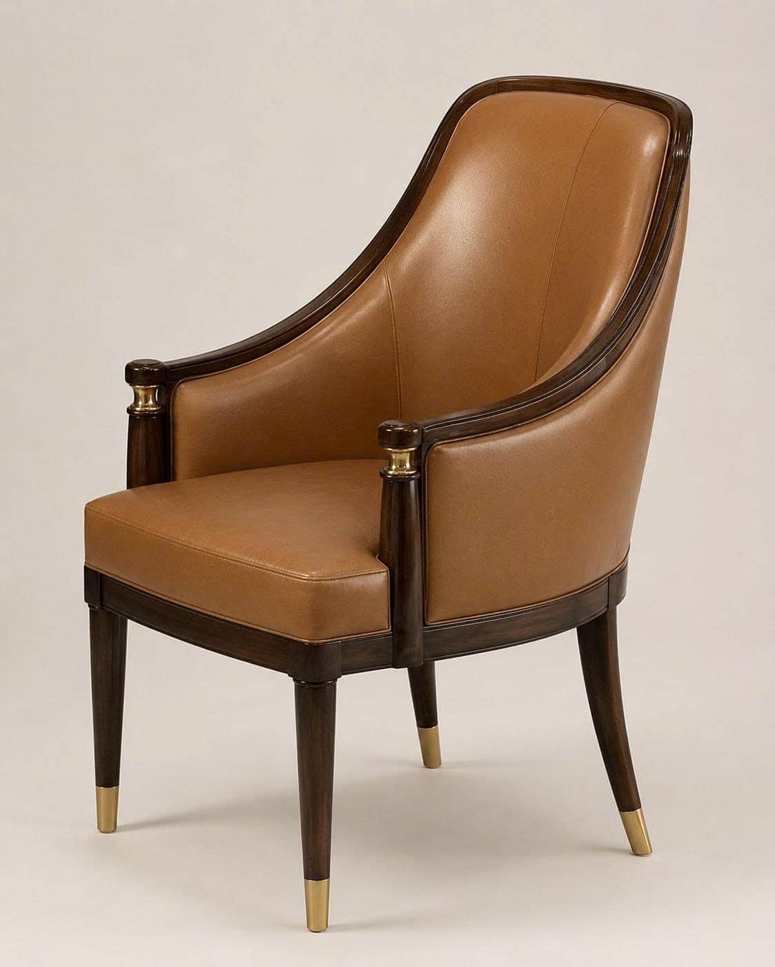An elegant armchair featuring a curved dark wood frame, light brown leather upholstery, and sophisti… — 3D model