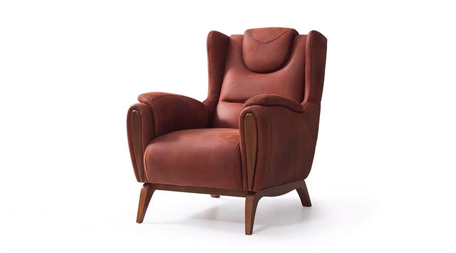 A wingback armchair upholstered in a reddish-brown material, featuring a high back with a curved hea… — free OBJ 3D model