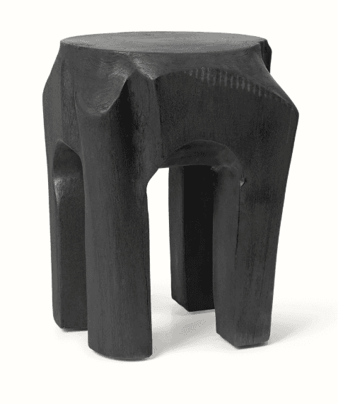 A dark-colored, solid wood stool with a sculptural, organic form. It features a flat circular top an… — 3D model