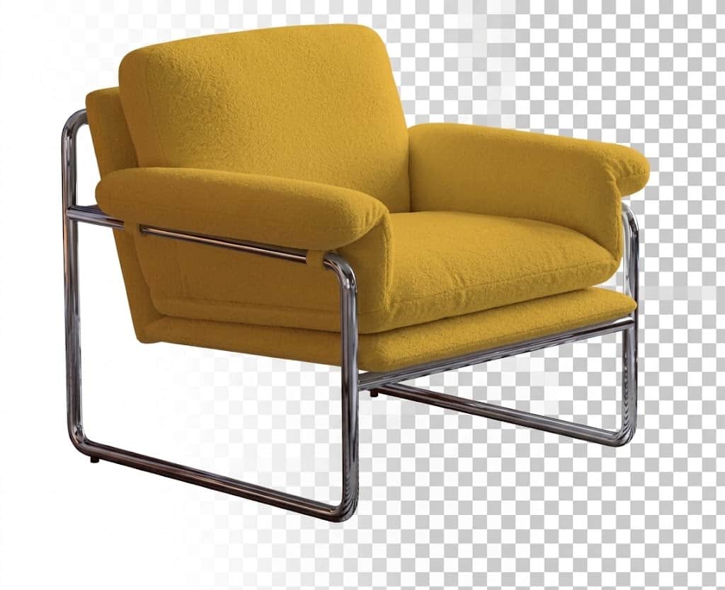A modern armchair featuring a robust tubular chrome-plated steel frame and plush mustard yellow bouc… — 3D model