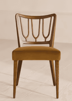 An armless chair featuring a dark brown wooden frame and a mustard yellow upholstered seat. The back… — 3D model