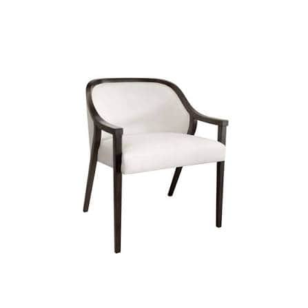 An upholstered armchair with a dark wood frame and light-colored fabric on the seat and back, featur… — 3D model