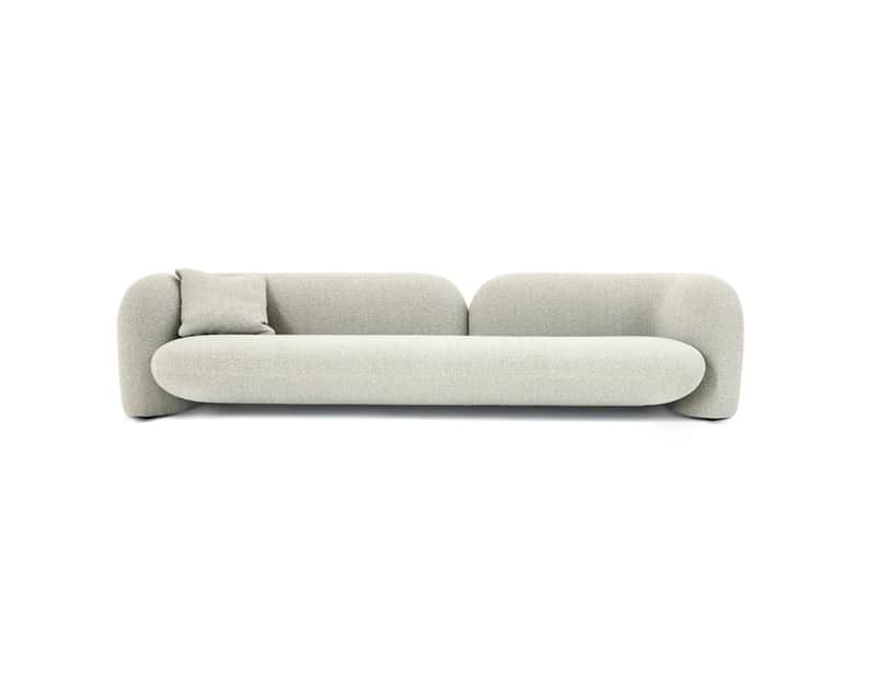 A contemporary sofa characterized by its soft, rounded forms, upholstered in a light, textured boucl… — 3D model
