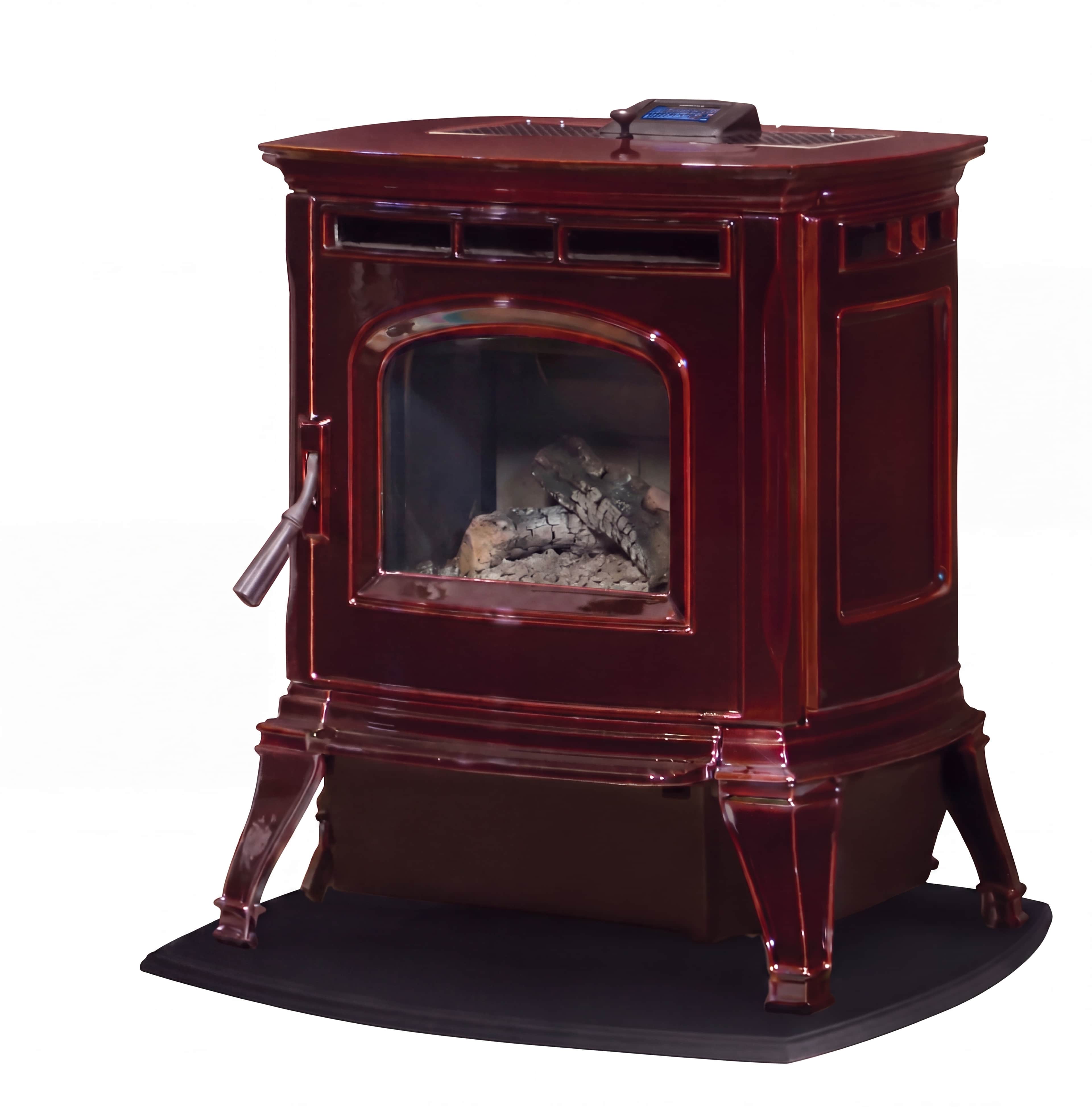 A freestanding fireplace stove, characterized by its deep reddish-brown glossy finish. It features a… — 3D model