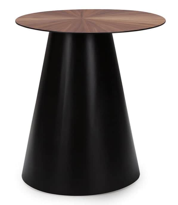 A modern side table featuring a round tabletop with a distinctive starburst wood veneer pattern, sup… — 3D model