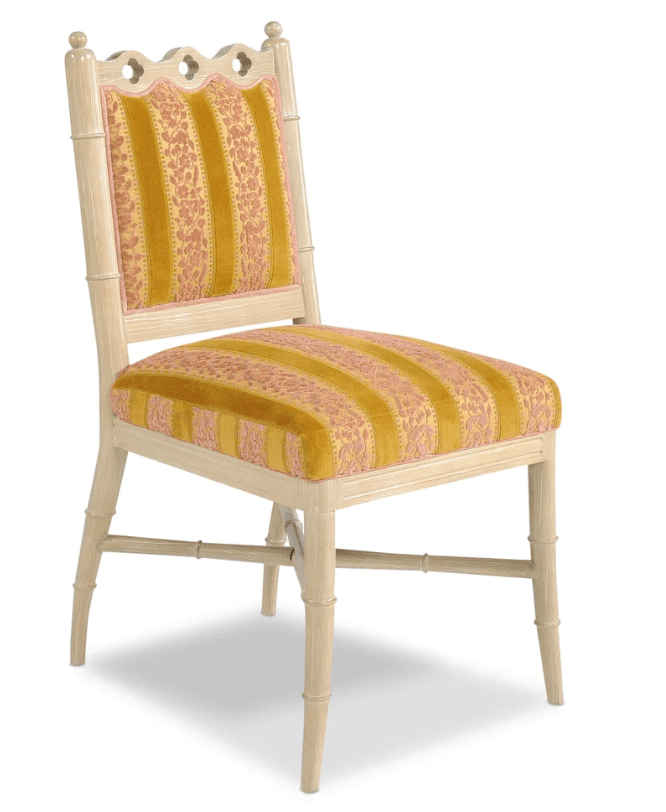 A side chair with a light-colored, possibly painted wooden frame. The frame features faux bamboo tur… — free FBX 3D model