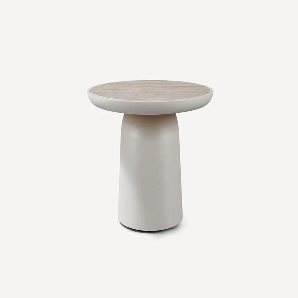 A round-top end table with a single pedestal base. The tabletop has a light wood grain pattern. The… — 3D model