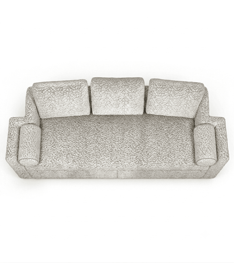 A contemporary three-seater sofa upholstered in a light, neutral-toned, richly textured fabric. It f… — free GLTF 3D model