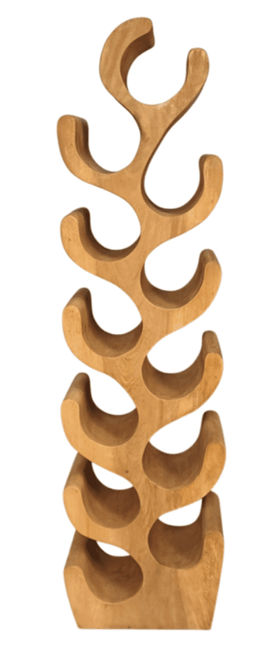 A tall, freestanding wine rack constructed from light-toned wood, featuring an organic, wave-like de… — 3D model