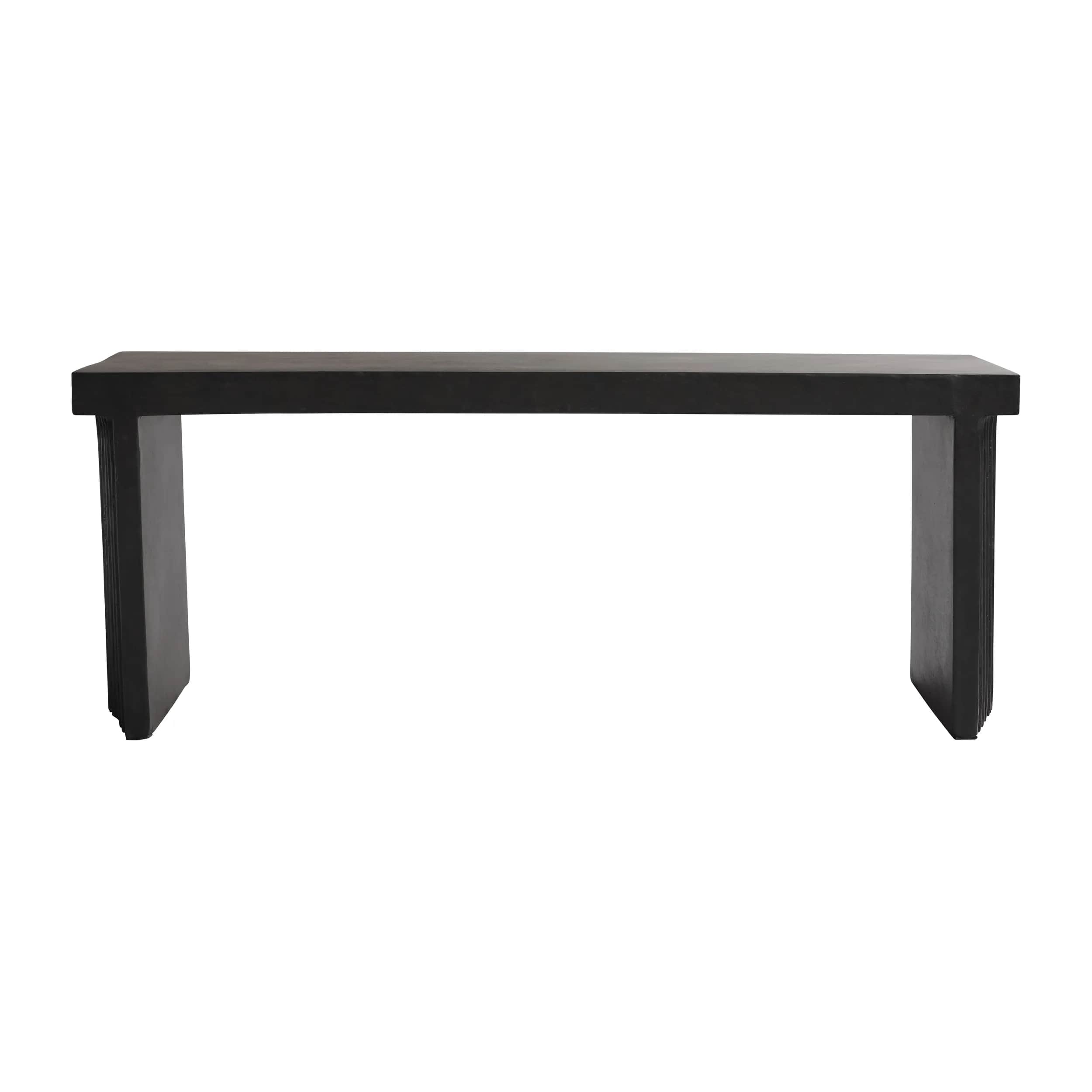 A dark-colored console table with a thick, rectangular top supported by two solid, block-like legs.… — free OBJ 3D model