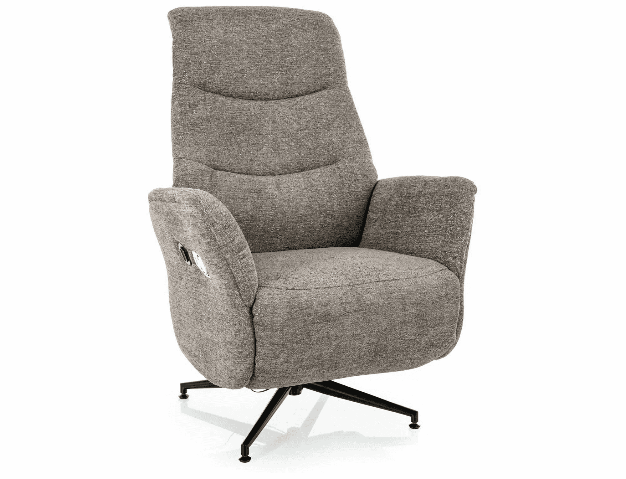 A high-backed armchair upholstered in a textured grey fabric. It features a rounded seat and armrest… — 3D model