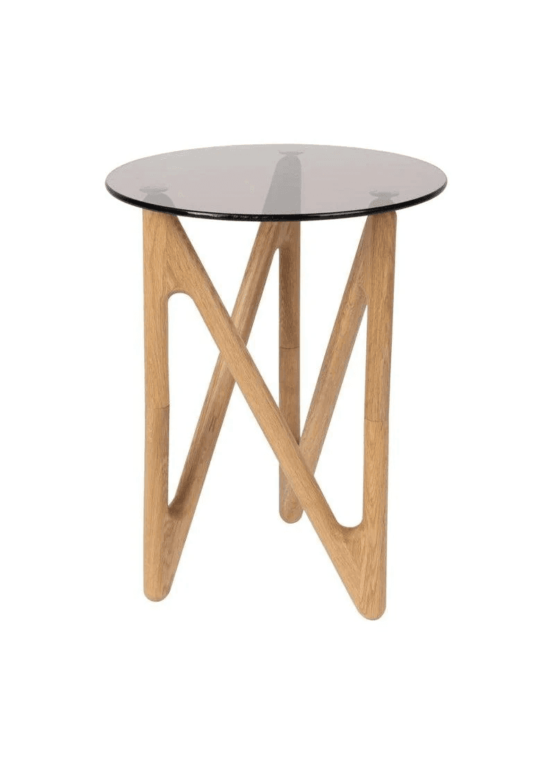 A contemporary accent table featuring a round, clear glass top supported by a unique light oak wood… — 3D model