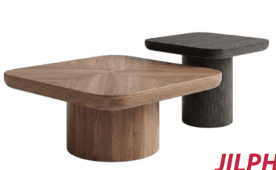 A modern coffee table featuring a rounded square top with a radial wood veneer pattern, supported by… — 3D model