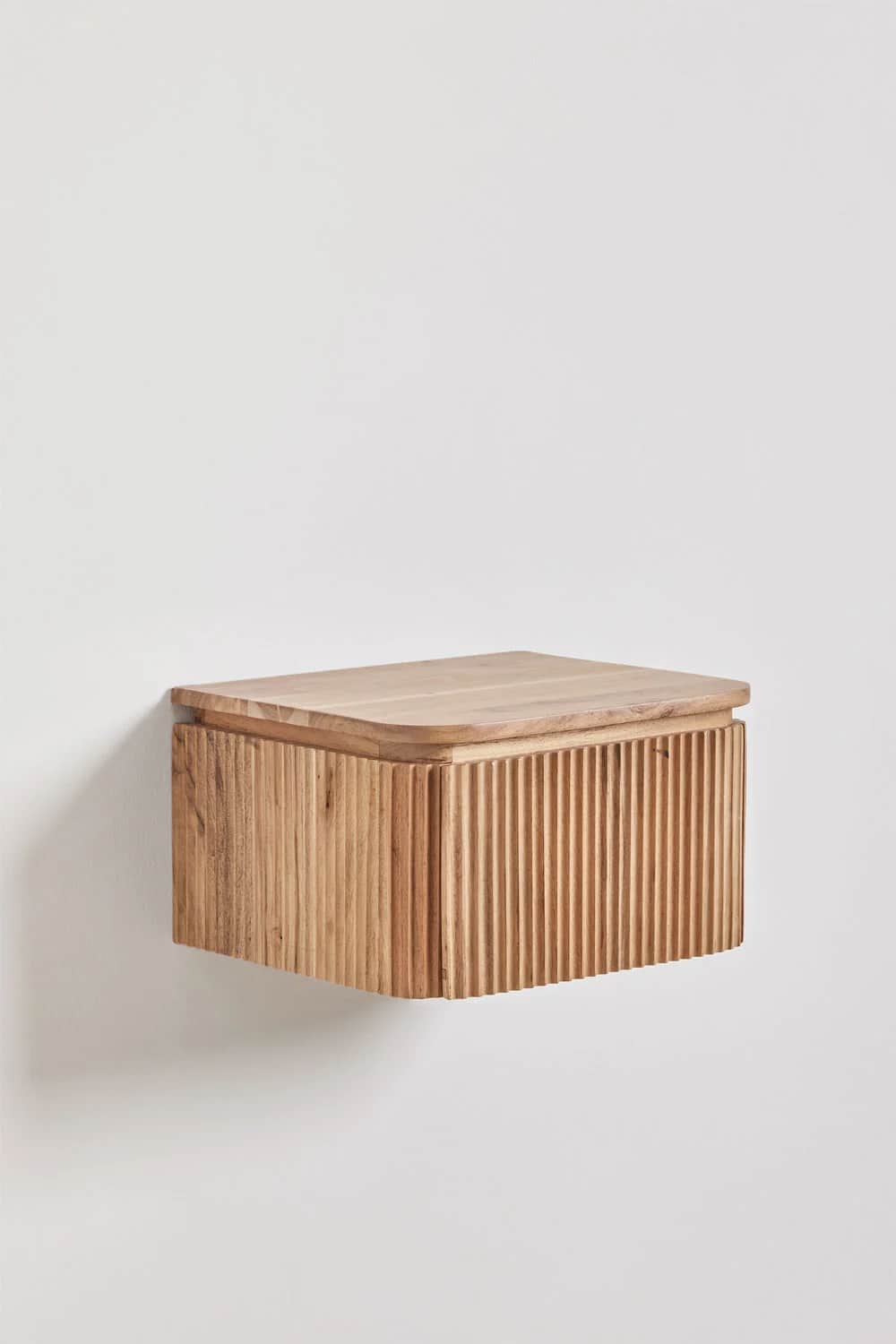 A rectangular, wall-mounted wooden nightstand featuring a natural wood finish. The front and sides o… — 3D model