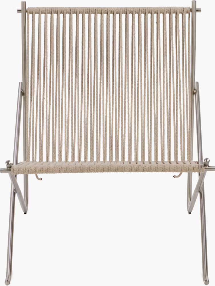 A modern chair with a metal frame and a seat and backrest woven from thick, light-colored rope. The… — free GLTF 3D model