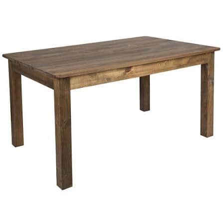 A rustic, rectangular dining table made from solid wood with a natural brown finish. It features a t… — 3D model