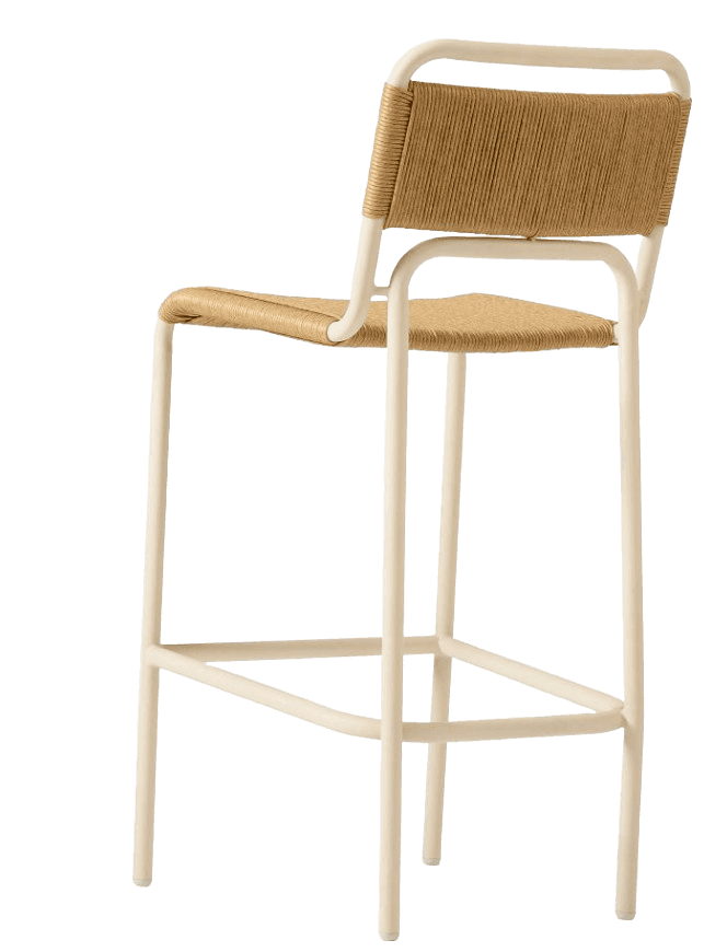 A contemporary bar stool featuring a light cream-colored tubular metal frame and a woven seat and ba… — 3D model