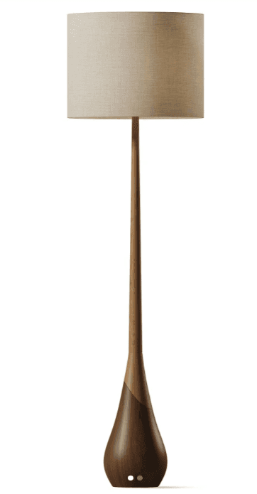 A modern floor lamp featuring a cylindrical fabric drum shade atop a slender, tapered wooden stem. T… — 3D model