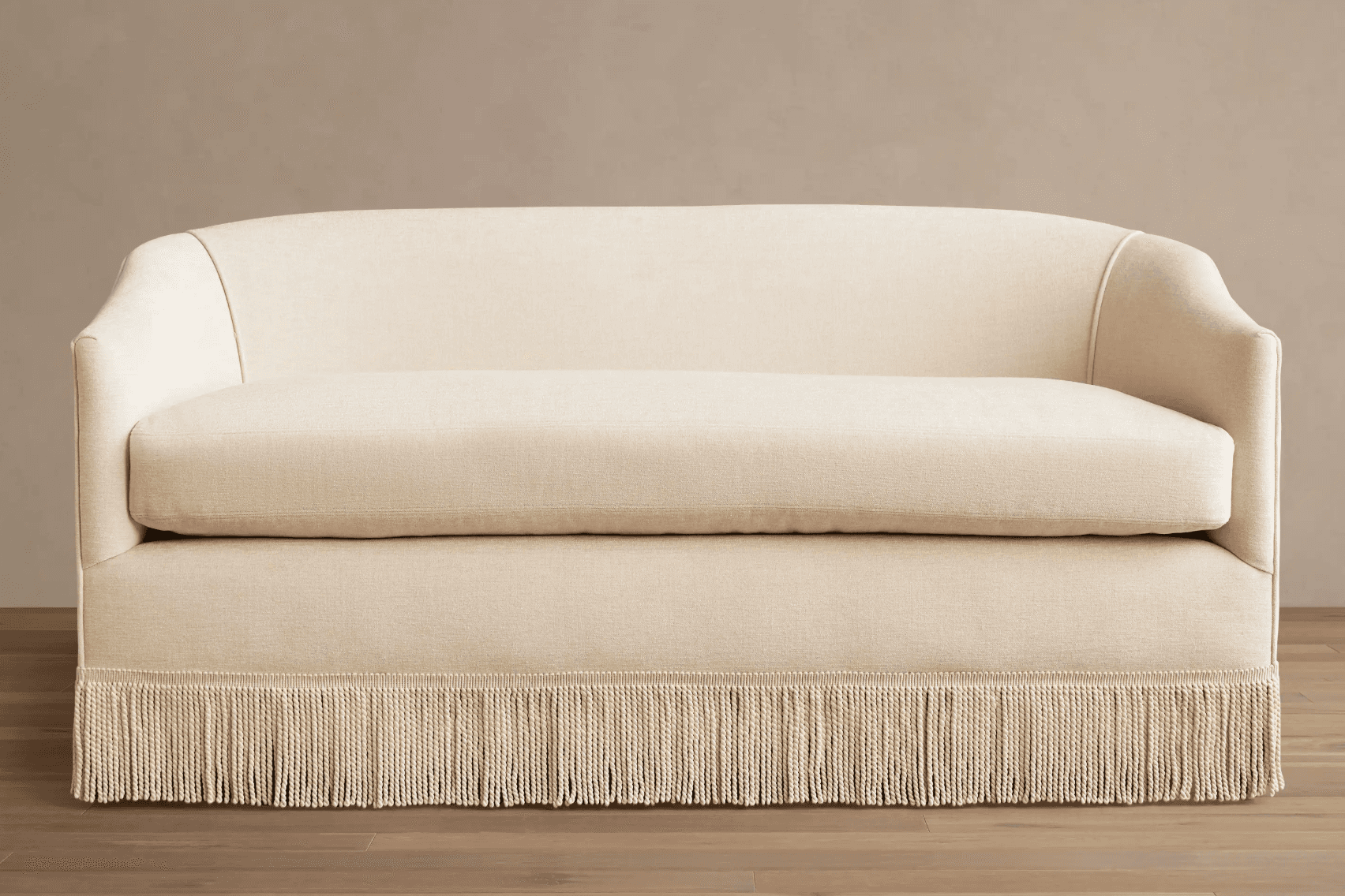 A light-colored, upholstered loveseat featuring a rounded back and integrated arms, with a distincti… — 3D model